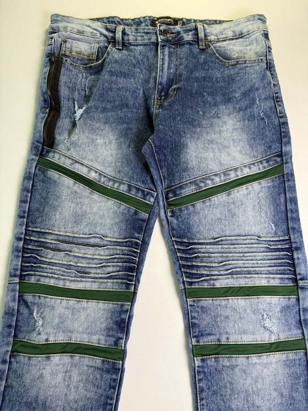 Southpole Mens 36x32 Skinny Moto Biker Jeans Acid Wash Blue Green Ribbed Knee